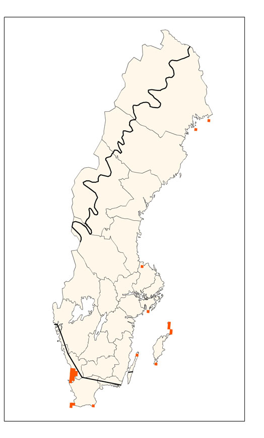 Figur 1. Svenskt utbredningsområde (till vänster) och förekomstareal (till höger). Förutsättningar för bevarande Länk: Gemensam text (förutsättningar för bevarande) http://www.naturvardsverket.