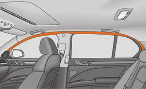 Airbagsystem 167 Huvudairbag* Beskrivning av huvudairbagar Huvudairbagen ökar insatsskyddet vid en sidokollision tillsammans med sidoairbagen.