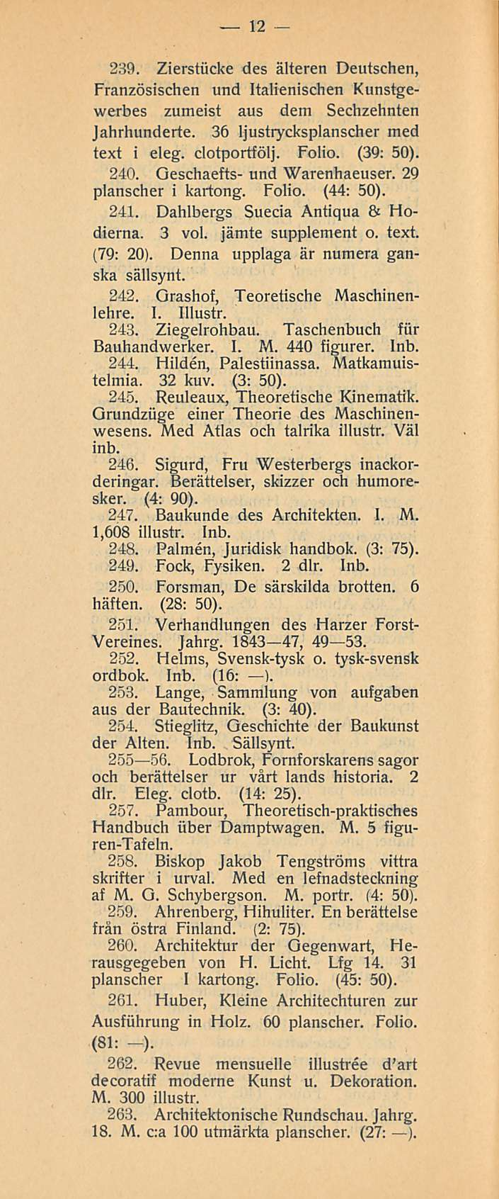 12 239. Zierstikke des älteren Deutschen, Französischen und Italienischen Kunstgewerbes zumeist aus dem Sechzehnten Jahrhunderte. 36 ljustrycksplanscher med text i eleg. clotportfölj. Folio. (39: 50).
