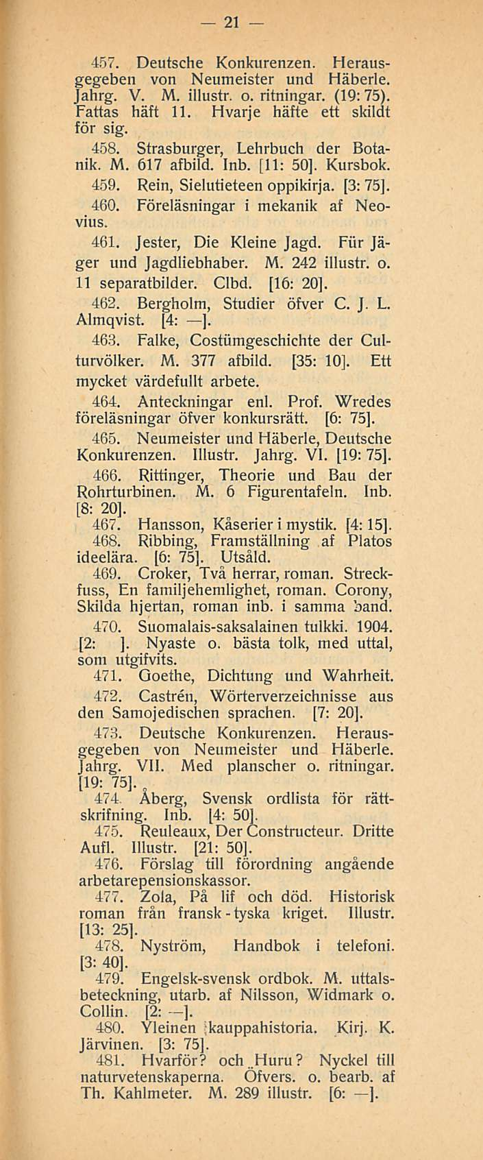 tyska 21 457. Deutsche Konkurenzen. Herausgegeben von Neumeister und Häberle. Jahrg. V. M. illustr. o. ritningar. (19:75). Fattas häft 11, Hvarje häfte ett skildt för sig. 458.