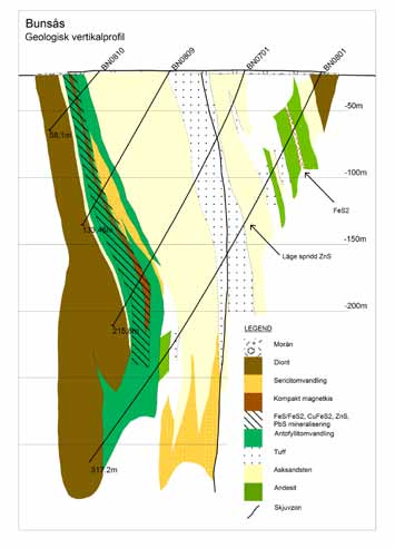 Bunsåsfyndigheten består av komplex sulfidmineralisering med guld, silver, koppar och zink som de viktigaste metallerna. Den mineraliserade zonen ligger i vulkaniska asksandstenar.