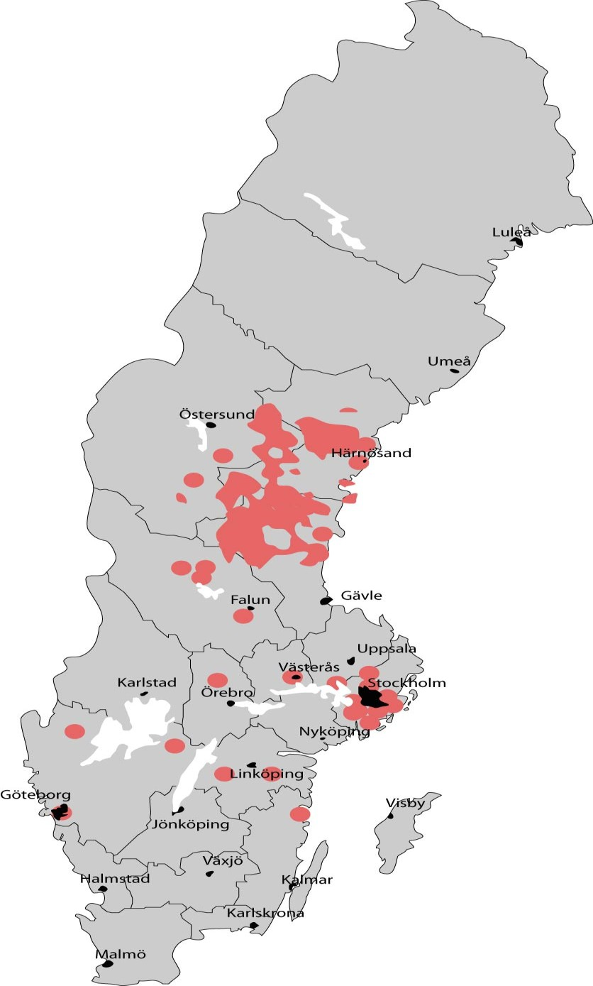 Figur 6 Översikt av de områden som drabbats av avbrott i mobil kommunikation längre än 24 timmar (GSM och UMTS) under stormen Dagmar.