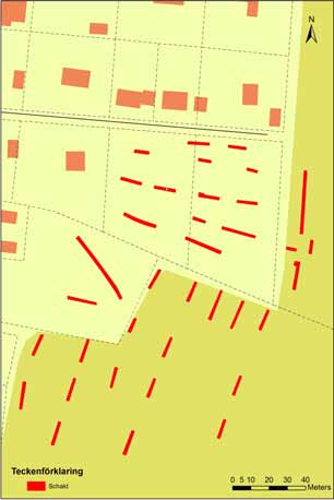 Resultat 36 sökschakt grävdes till en sammanlagd längd av 500 meter. Schaktens bredd var ca 1.20 och djupet varierade mellan 0,2-0,5 meter.