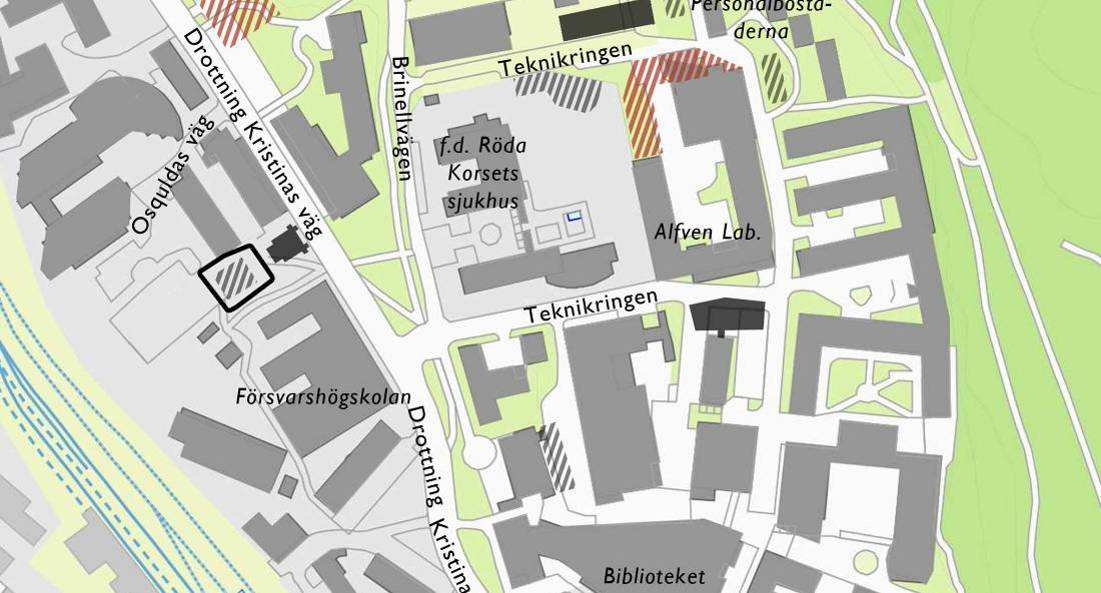 SID 10 (15) B. Studentbostäder vid Osquldas väg, del av Forskningen 1 Diarienummer 2012-18801 B Preliminär planavgränsning i svart. Streckade ytor illustrerar möjliga placeringar av nya byggnader.