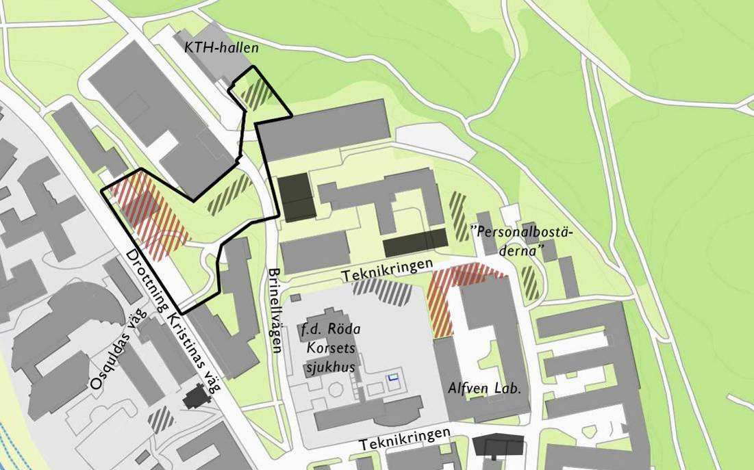 D. Studentbostäder vid Brinellvägen, del av Norra Djurgården 1:1 och 1:49. Diarienummer 2013-02084 SID 13 (15) D Preliminär planavgränsning i svart.