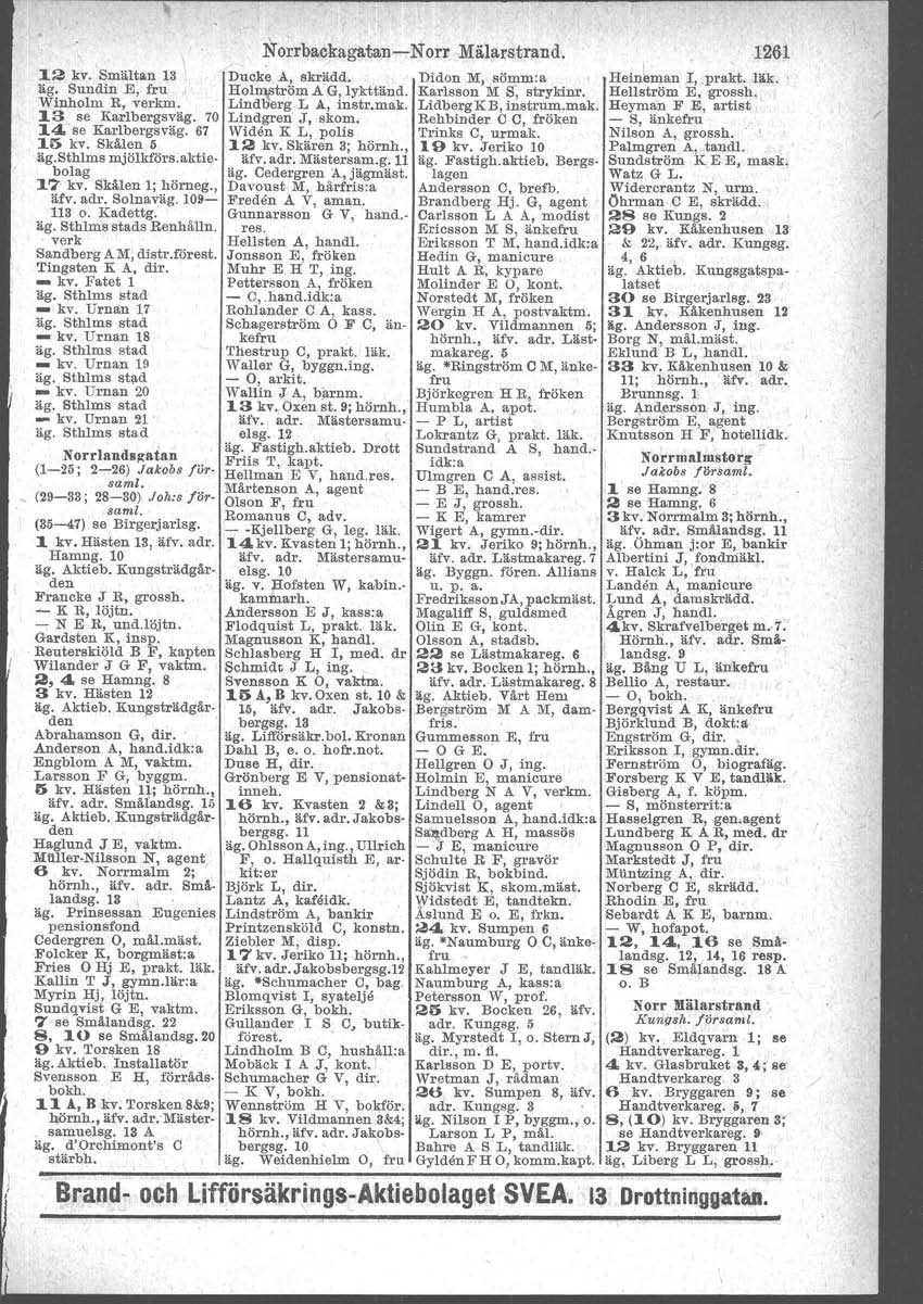 Norrbackagatan -Norr Mälarstrand. 12 kv. Smältan 13 Ducke A, skrädd. Didon M, sömm:a Heinkman l,.prakt. läk. äg. Sundin E, fru HolJI!lltröm A G, lykttänd. Karlsson M S: strykinr. Hellström E,grossh.