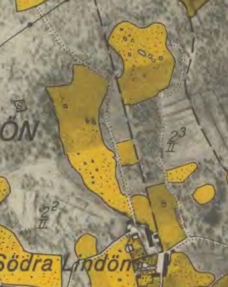 Infälld karta från cirka 1940 visar att åkrarna norr om bebyggelsen i södra Lindön