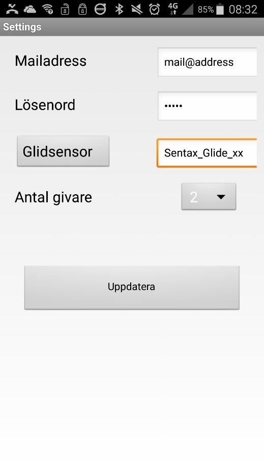 Bilden ovan visar SETTINGS i mobilapplikationen. För att koppla upp sig på sin sensor klickar man på Glidsensor och väljer den sensor man köpt enligt bilden till höger.