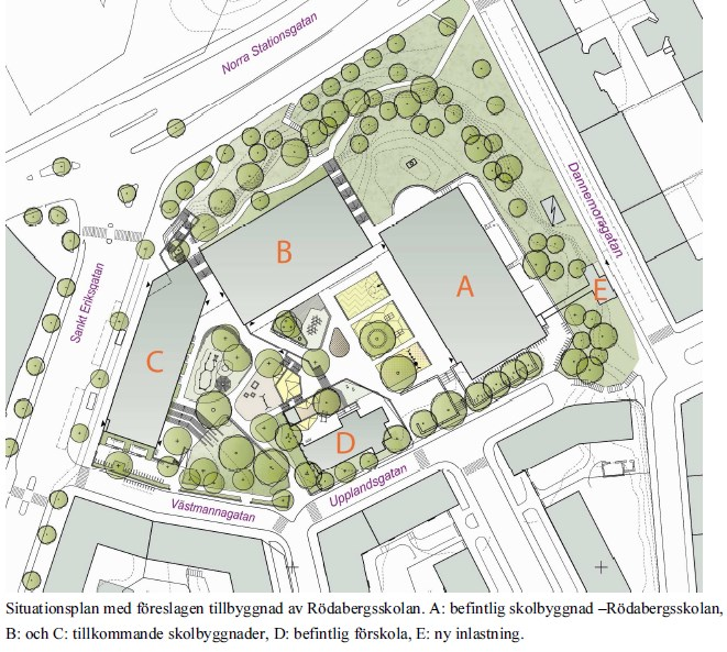 Sida 3 (8) gångbrygga till skolbyggnadens östra långsida. Planen innebär en rivning av befintlig skolbyggnad från 1989, samt äldre garagelänga.