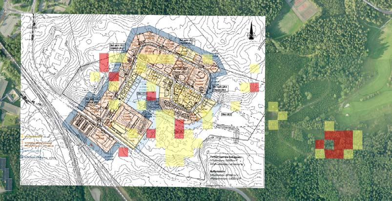 4 Figur 3-3 Reultat av markundersökningen genomför 2014 kombinerad med indelningen av området. Endast gula och röda rutor finns markerade.