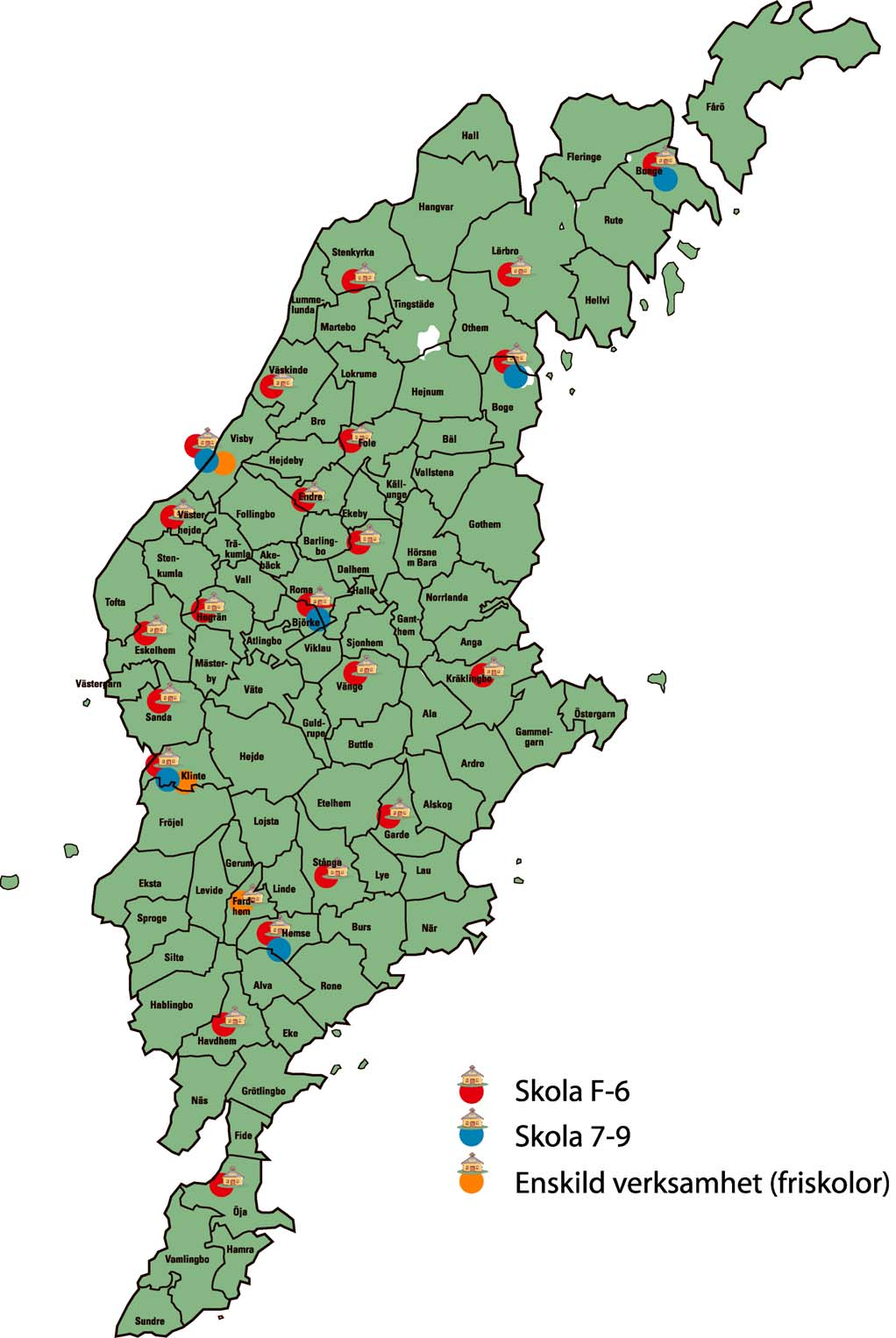 Skolenheter med F-9 grupper på Gotland från hösten 2010, antal elever i augusti 2010 Visby kommunala elever Norrbackaskolan F-6 169 S:t Hansskolan F-6 135 Tjelvarskolan F-3 141 Alleskolan 2-6 137