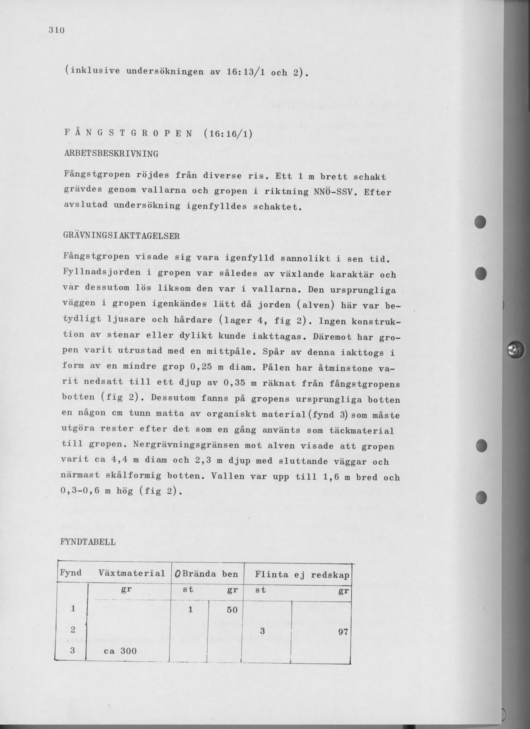 310 (inklusive undersb'kningen av 16:13/1 och 2) F A N G S T G R O P E N (16;16/1) ARBETSBESKRIVNING Fangstgropen rbjdes fran diverse ris.