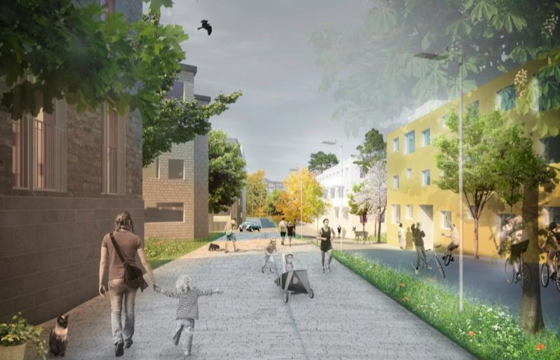Tvärgatan Söder om vårdbyggnaden, utanför planområdet, planeras en ny gata Tvärgatan från Bollmoravägen genom centrumkvarteren