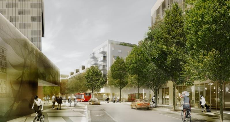 Perspektivskiss av Tvärgatan (utanför planområdet). Simvägen Öster om planområdet, planeras den nya gatan Simvägen, en gata som leder i nordsydlig riktning.