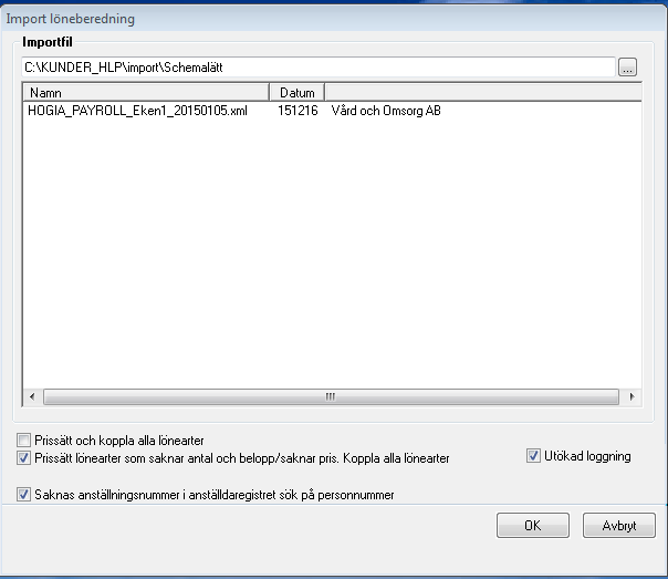 3. Ange sökvägen till den exportfil med lönetransaktioner som du skapat med hjälp av Schemalätt. Markera filen (i detta exempel HOGIA_PAYROLL_Eken1_20150105.xml ) och klicka därefter på knappen OK. 4.