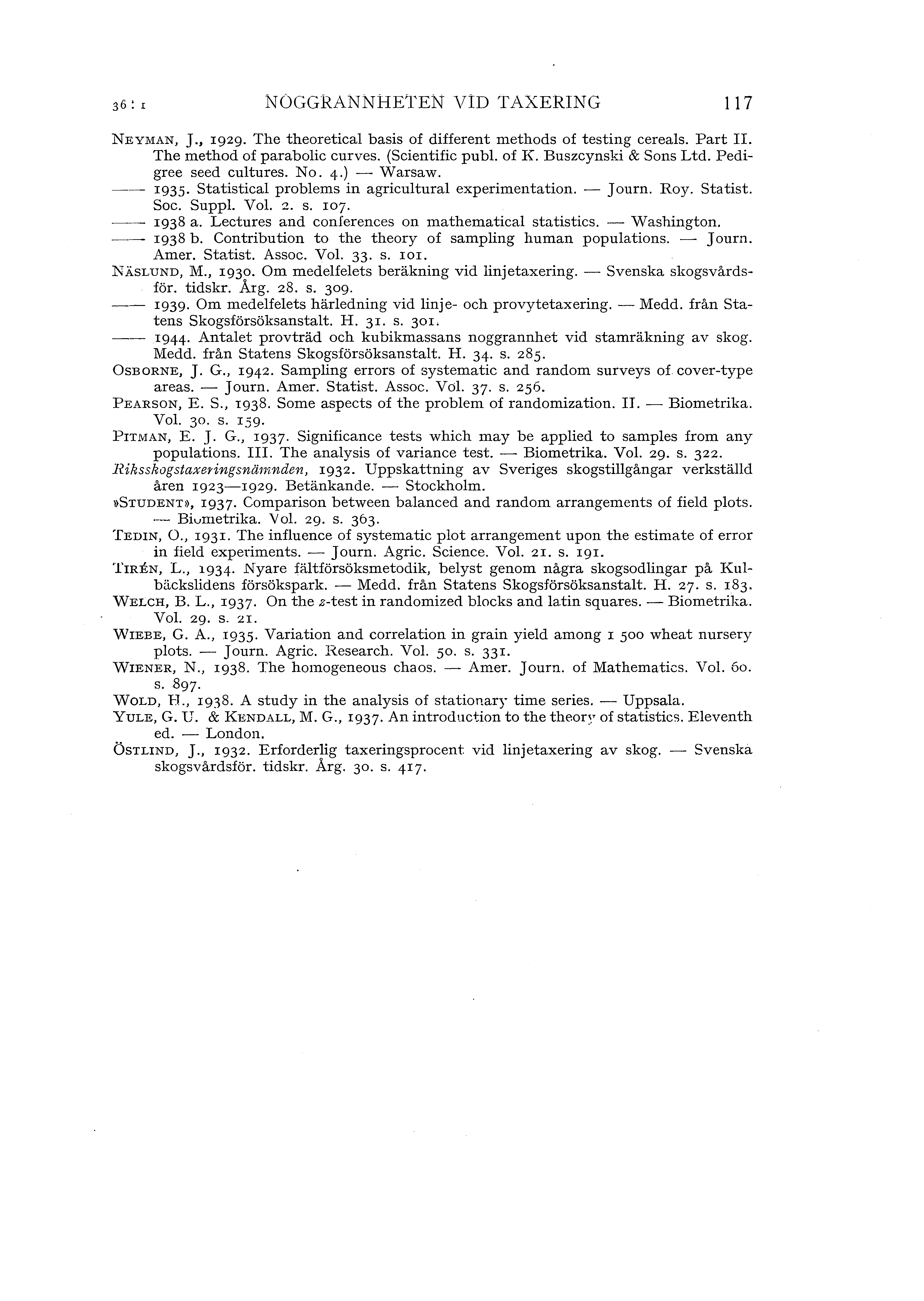 36 : I NOGGRANNHETEN VID TAXERING 117 NEYMAN, J., I929. The theoretica basis of different methods of testing cereas. Part II. The method of parabaic curves. (Scientific pub. of K.