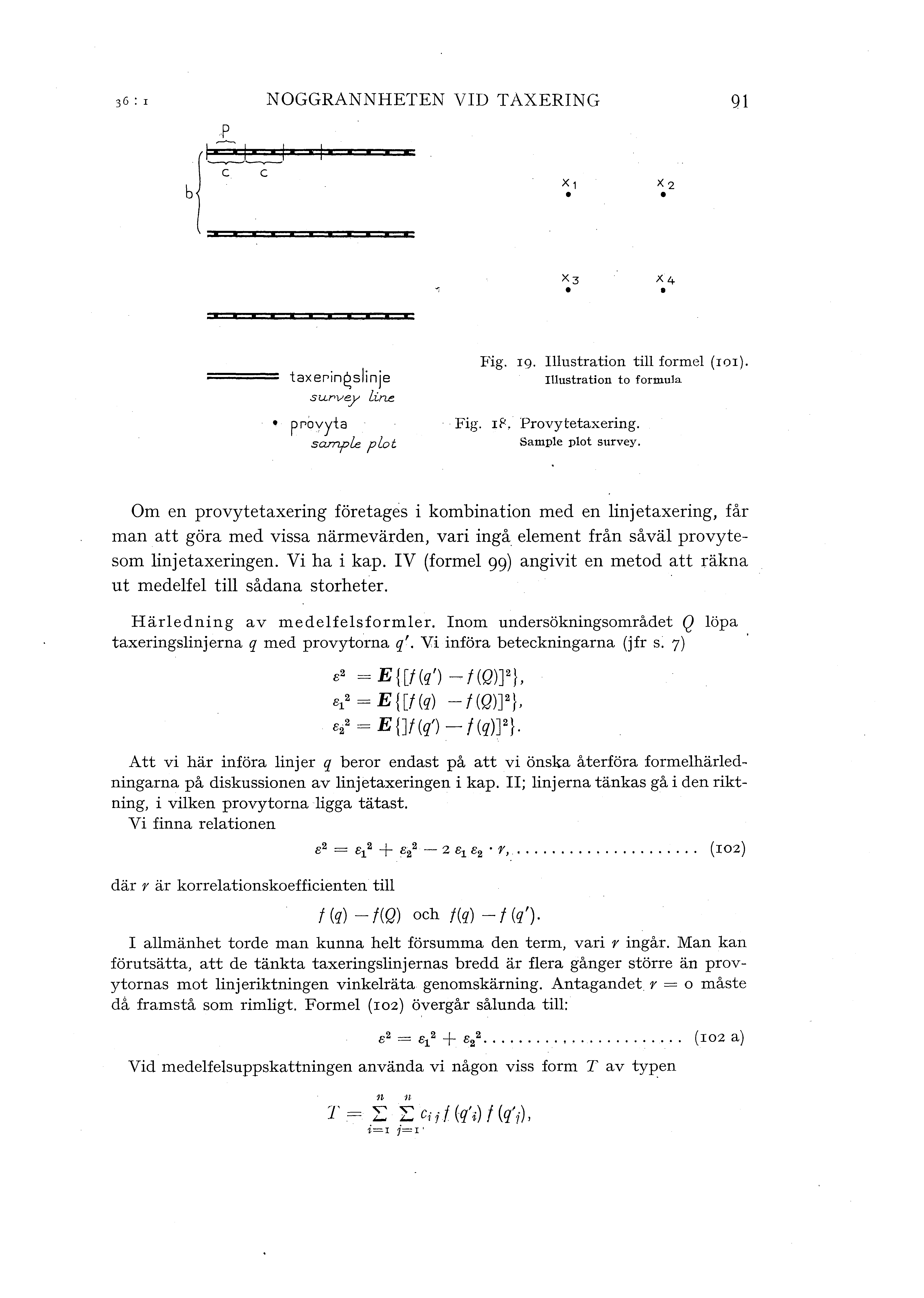 NOGGRANNHETEN VID TAXERING 91! ~.~ c c x, b taxef'ingsinje survey Line pf'ovyta sampe pot Fig. 19. Iustration ti forme (ror). Iustration to formnia Fig. rp, Provytetaxering. Sampe pot survey.
