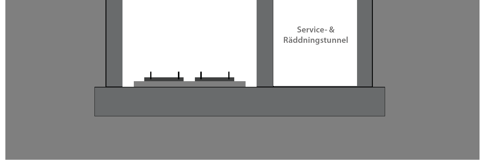 Figur 17. Skiss på dubbelspårig betongtunnel med intilliggande service- och räddningstunnel. 5.4.2.