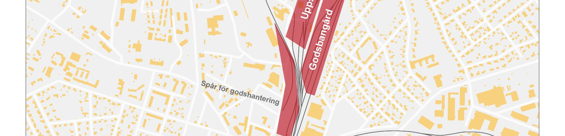 Godsbangården och uppställningsspår ligger strax norr om personbangården. Södra stambanans två spår ligger utmed godsbangårdens östra sida.