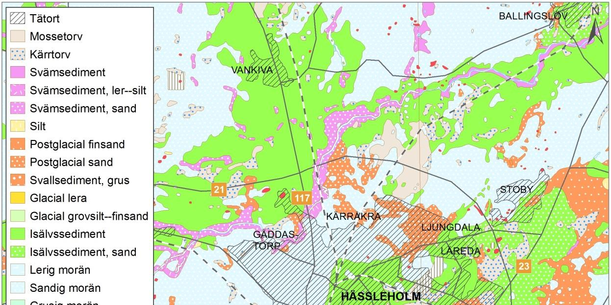 Figur 27. Jordartskarta över området kring Hässleholm. Grundvattnet fyller de porer och sprickor som finns i jord och berg.