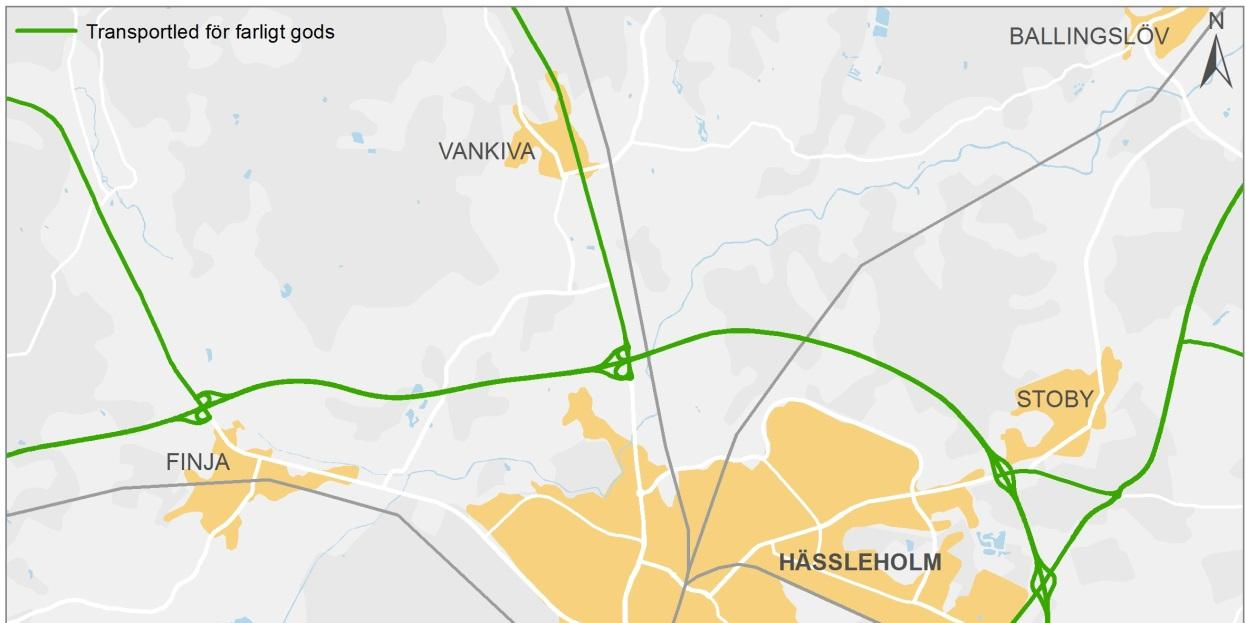 Figur 30. Transportleder för farligt gods. Befolkningstätheten är som högst i centrala Hässleholm.