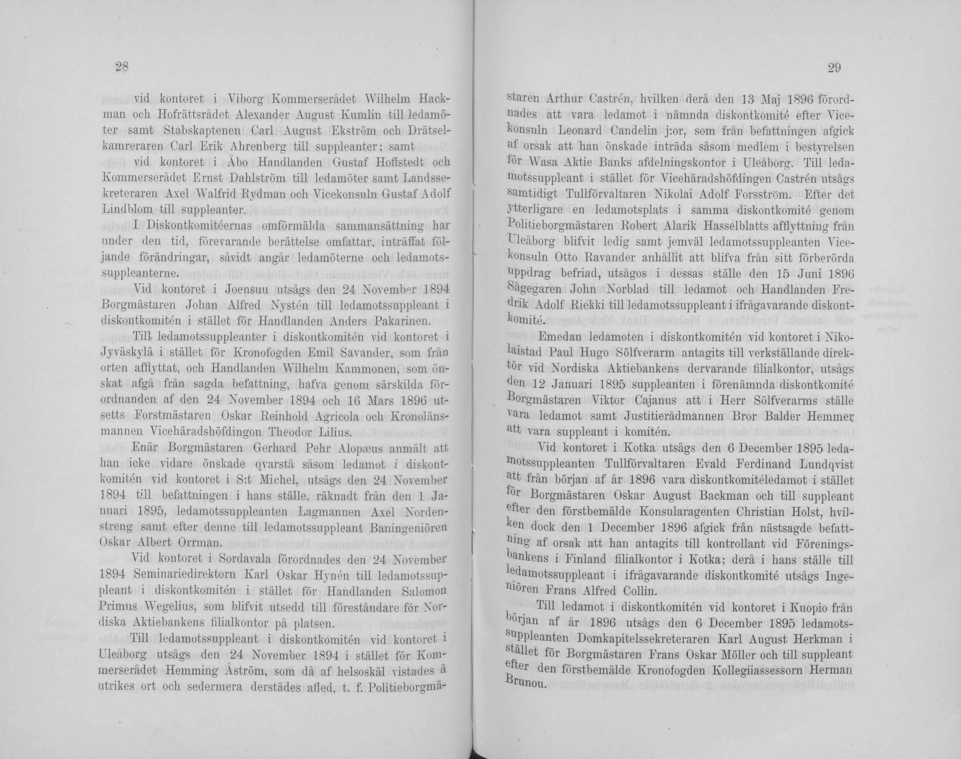 29 vid kontoret i Viborg Kommerserädet Wilhelm Hackman och Hofrättsrädet Alexander August Kumiin tili ledamöter samt Stabskaptenen Carl August Ekström och Drätselkamreraren Carl Erik Ahrenberg tili