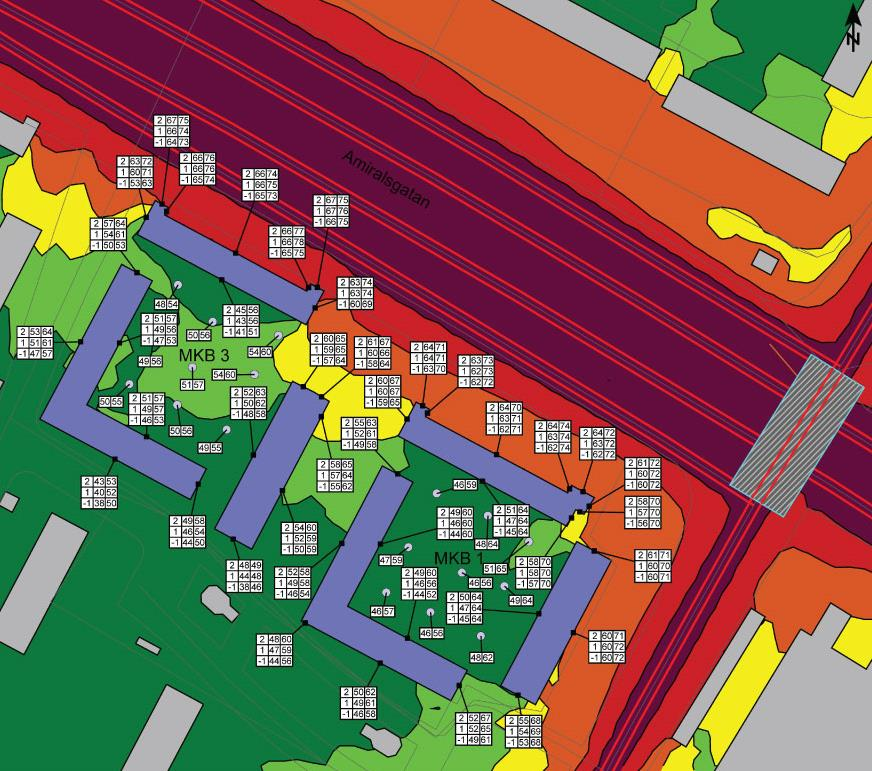 OMGIVNINGSBULLER Trafikbuller Enligt Infrastrukturpropositionen 1996/97:53 ska följande riktvärden innehållas vid nybyggnad av bostäder: Utomhus 55 db(a) ekvivalent ljudnivå vid fasad Utomhus 70