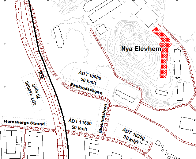 Figur 1. Trafikflöden 3. GENOMFÖRANDE Beräkningarna av ekvivalenta och maximala ljudnivåer har gjorts med följande inställningar:, rev3.