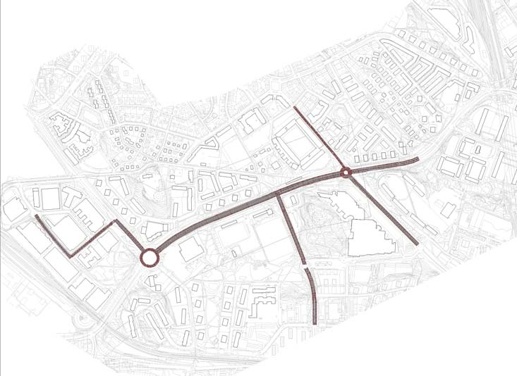 Figur 2 Vägar för beräkning av vägtrafikbuller För beräkningarna av buller från Tvärbanan har antagits att hastighet uppgår till 30-50 km/h.