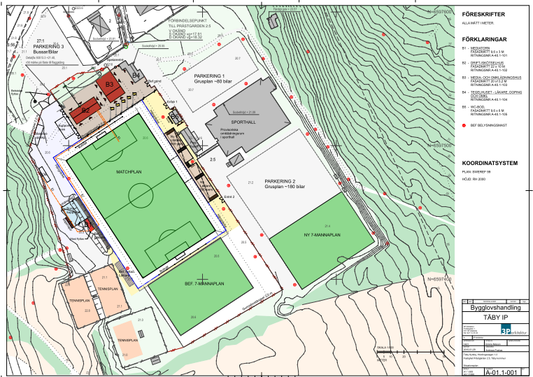 I:\3750\9 Personliga mappar\stg\ Akustik\10218234 nuläge.docx: Rapport Figur 1. Skiss över. Kopia av Bygglovshandling, 3P Arkitektur. Den röda pilen markerar den närmaste bostaden.