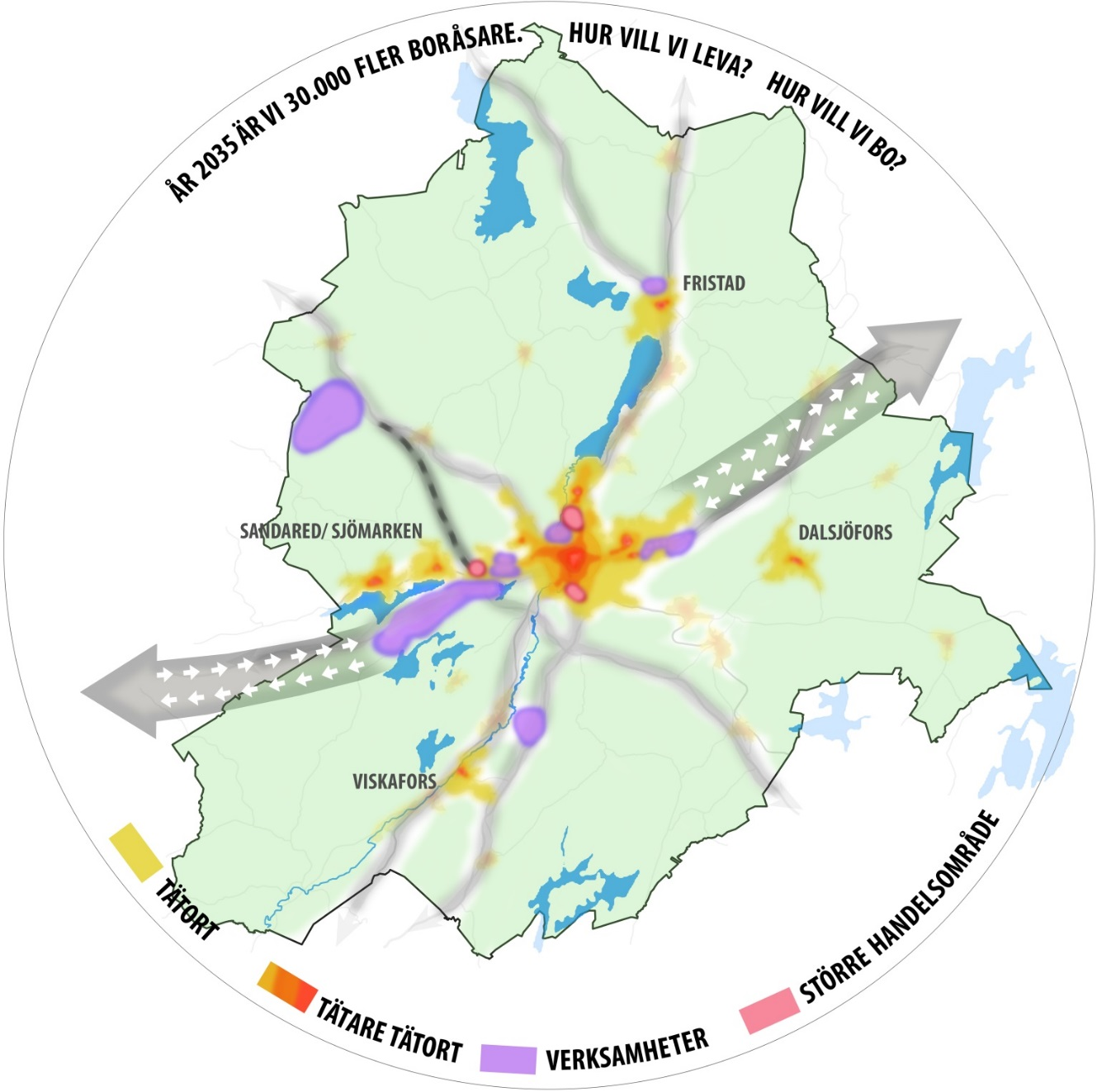 Övergripande ÖP-struktur som går ut på samråd vid årsskiftet Ett cykelhjul där ekrarna är all infrastruktur som leder in till navet centrala Borås