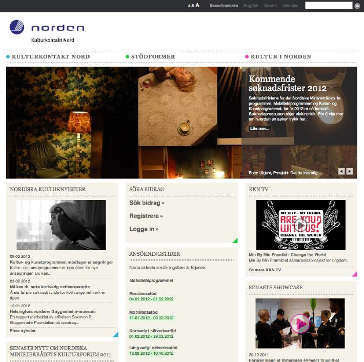 NY WEBSIDE - WWW.KULTURKONTAKTNORD.ORG Websiden, der er organisationens vigtigste informationskanal, blev i 211 fornyet og lanceret 28. februar 211.