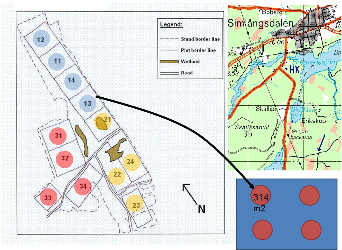 RAPPORT NR 22/2008 Figur 40. Översiktskarta samt detaljkarta över försökssytorna i Eriksköp, utanför Halmstad. Försöksområdet utgörs idag av olikåldrig, skiktad och trädslagsblandad barr-lövblandskog.