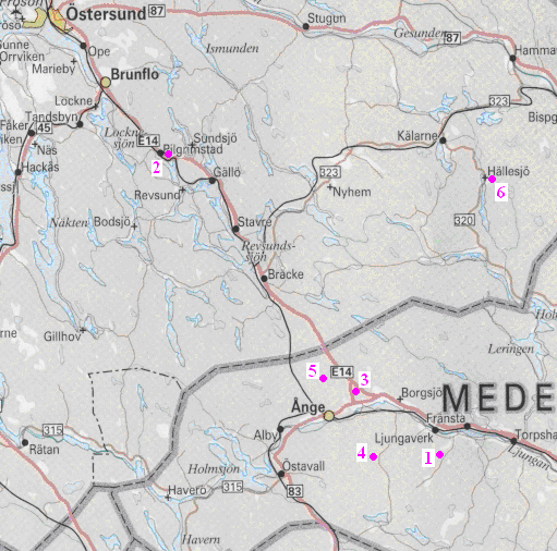 Figur 3. Översiktskarta med de sex inventerade områden inlagda. 1 Överhångsta, 2 Anviken, 3 Ensillre, 4 Byn 1, 5 Byn 2 och 6 Tomasgård. Tabell 1.