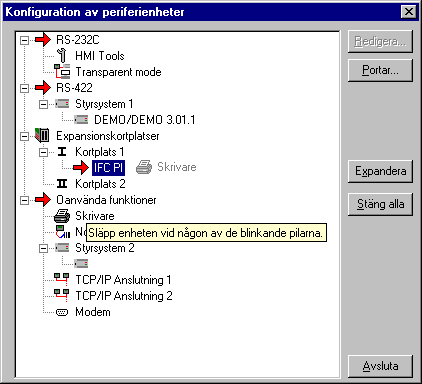 Inställningar i programmeringsverktyget 5. Dra Skrivare från Oanvända funktioner och släpp den på IFC PI.