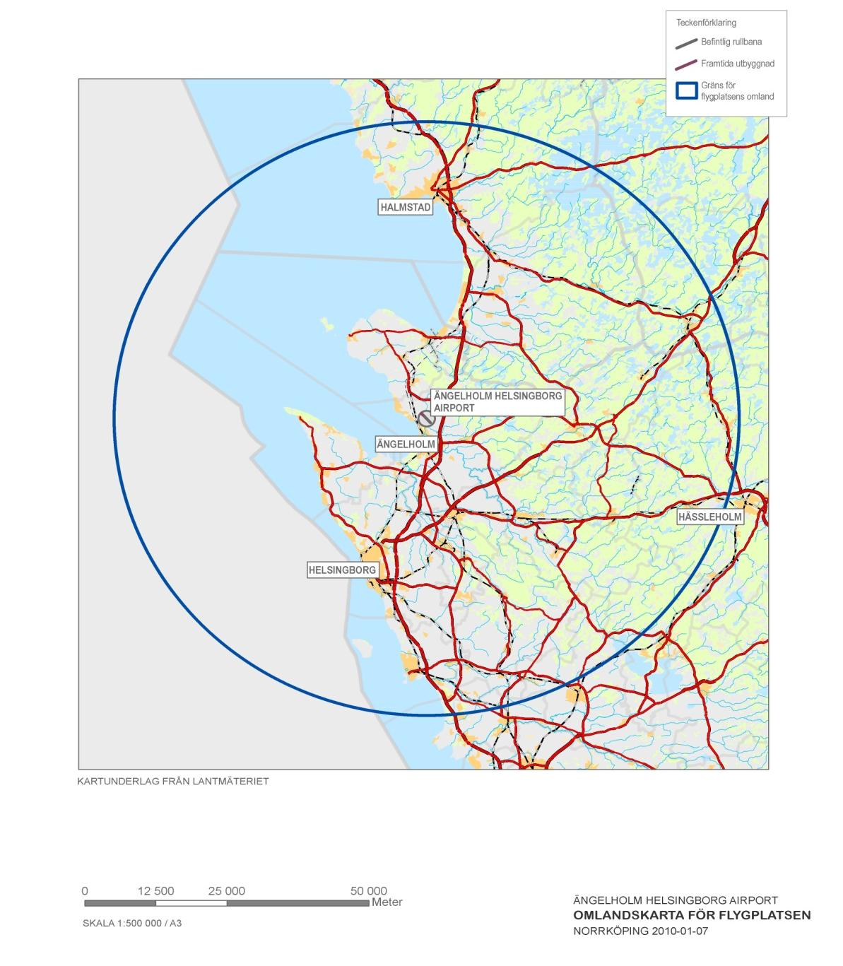 Kartan visar en cirkel med radien 55 km från Ängelholms flygplats 5.