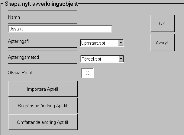 Skapa ett nytt avverkningsobjekt: Välj Inställningsläge/ Aptering/ Avverk. Objekt/ Skapa nytt. Namnge objektet med ett beskrivande och unikt namn. Prd filer i objektet får detta namnet.