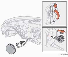 09 Underhåll och service Byte av glödlampor 09 Halvljus, halogen Helljus Borttagning av glödlampa Släck belysningen och vrid startnyckeln till
