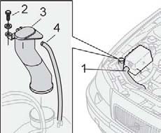 09 Underhåll och service Byte av glödlampor 09 Blinkers, höger sida Skruva fast skruven (2) till påfyllningsröret och sätt tillbaka kylröret till kallboxen (1).