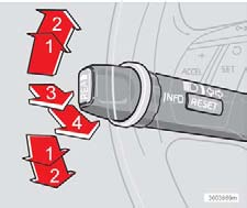 02 Instrument och reglage Vänster rattspak Rattspakens lägen 1. Kort blinksekvens, körriktningsvisare 2. Kontinuerlig blinksekvens, körriktningsvisare 3. Helljusblink 4.