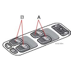 02 Instrument och reglage Elektriska fönsterhissar 02 Manövrering De elektriska fönsterhissarna manövreras med reglagen i dörrarna. Fönsterhissarna fungerar i tändningsläge I och II.