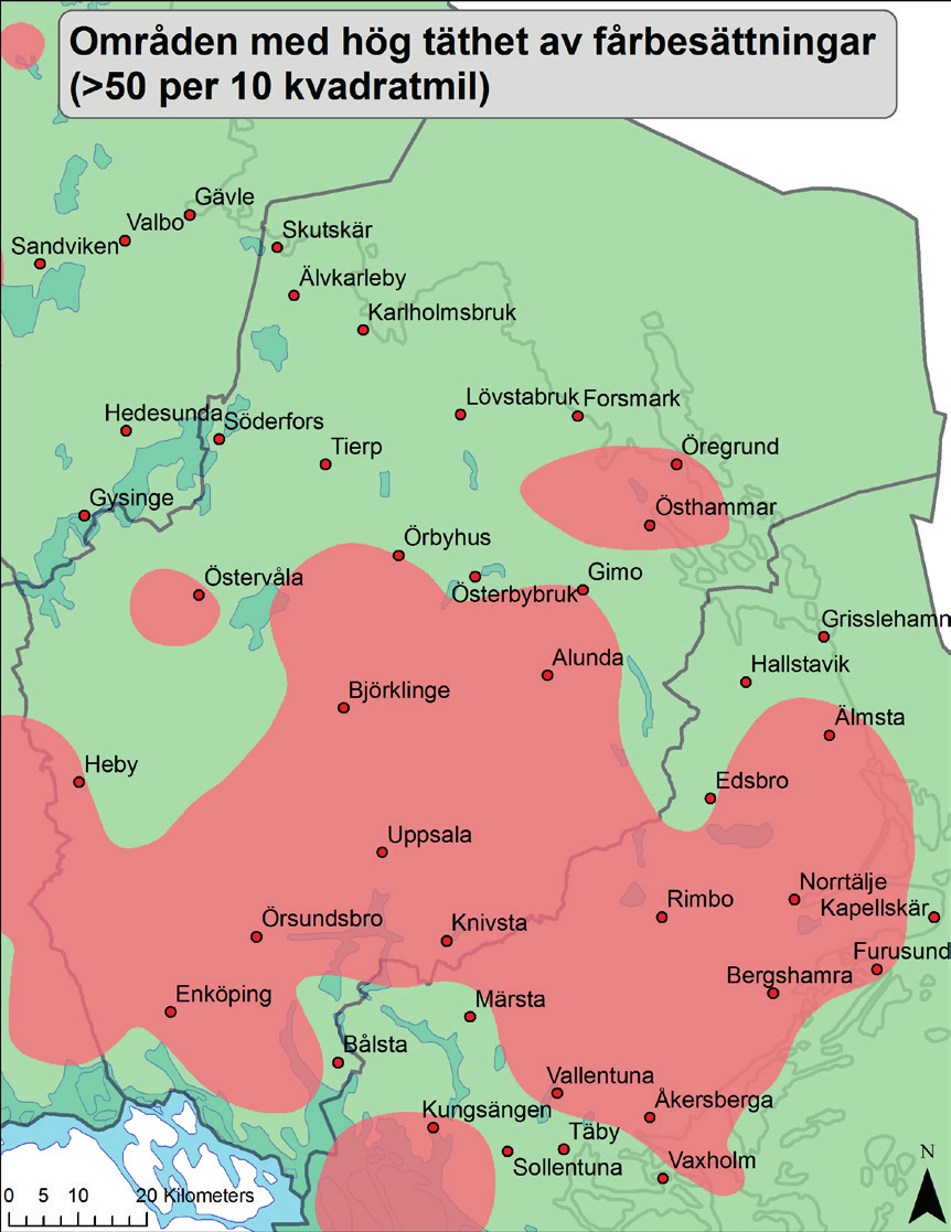 Fig 1. Sårbara områden i Uppsala län, den vänstra kartan visar området öster om riksväg 76 med hög andel skärgårdsbeten. Kartan till höger visar områden i länet som har en hög andel fårbesättningar d.