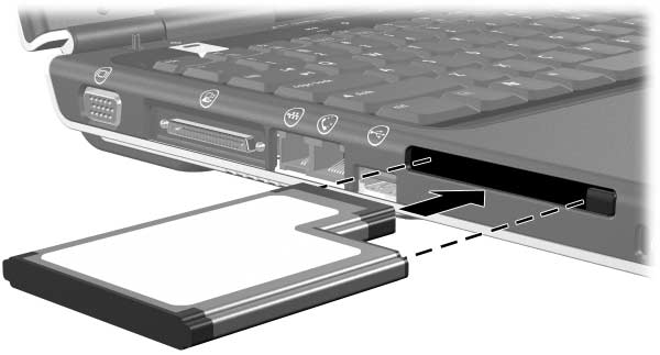 Maskinvaruuppgraderingar och ersättningar 1. Håll ExpressCard-kortet med etikettsidan uppåt och kontakterna vända mot datorn. 2. För in kortet försiktigt tills det sitter på plats.