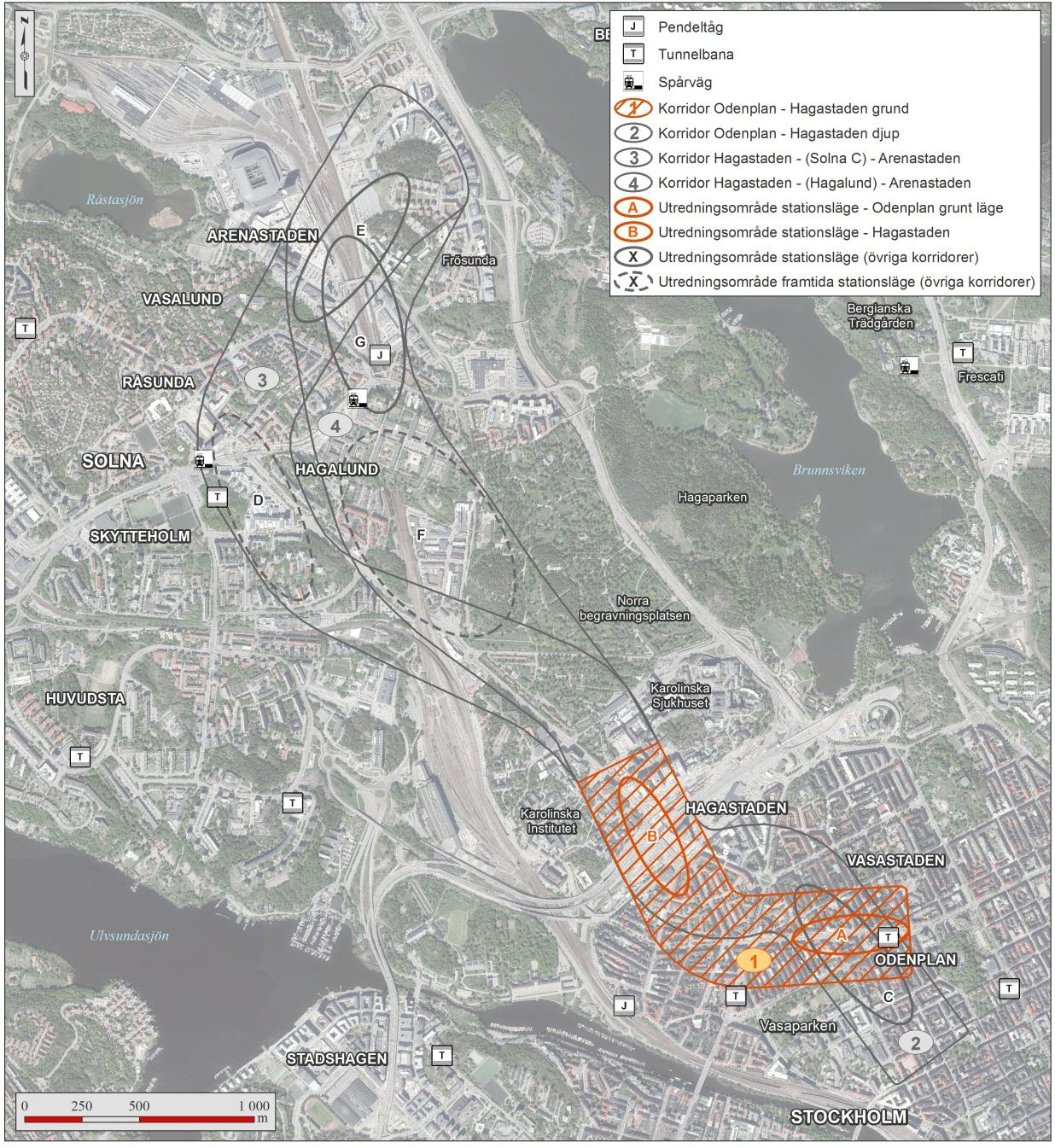 2.1 Alternativa korridorer Odenplan Hagastaden 2.1.1 Odenplan Hagastaden grund Utredningsområdet för det grunda stationsläget vid Odenplan ligger i öst-västlig riktning längs Karlbergsvägen (A i Figur 5).