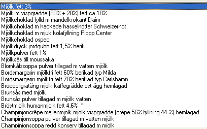 3 VÄLJA LIVSMEDEL När man ska välja ett livsmedel bland de som visas klickar man på OK eller dubbelklickar på livsmedlet. Livsmedlet skrivs då in i din måltid till vänster.