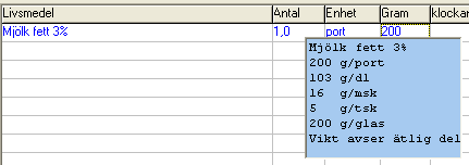 På samma sätt kan man ändra antal. På vissa livsmedel kan man byta enhet/sort genom att högerklicka på livsmedlet och få upp en ruta där man kan välja enhet.