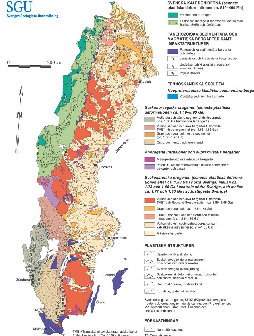 Sveriges berggrund TZ TMB*= Transskandinaviska magmatiska bältet 1 Ma = 1miljon år, 1Ga = 1000 miljoner år TZ = Tornquistzonen Figur 2-1.