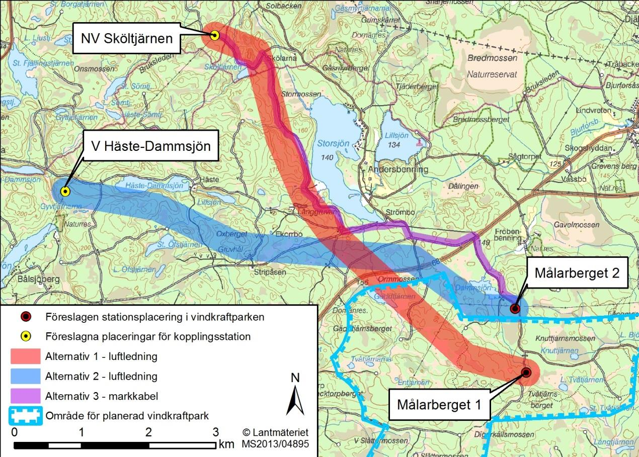 Figur 2. Studerade stråkalternativ för planerad anslutningsledning till vindkraftpark Målarberget.