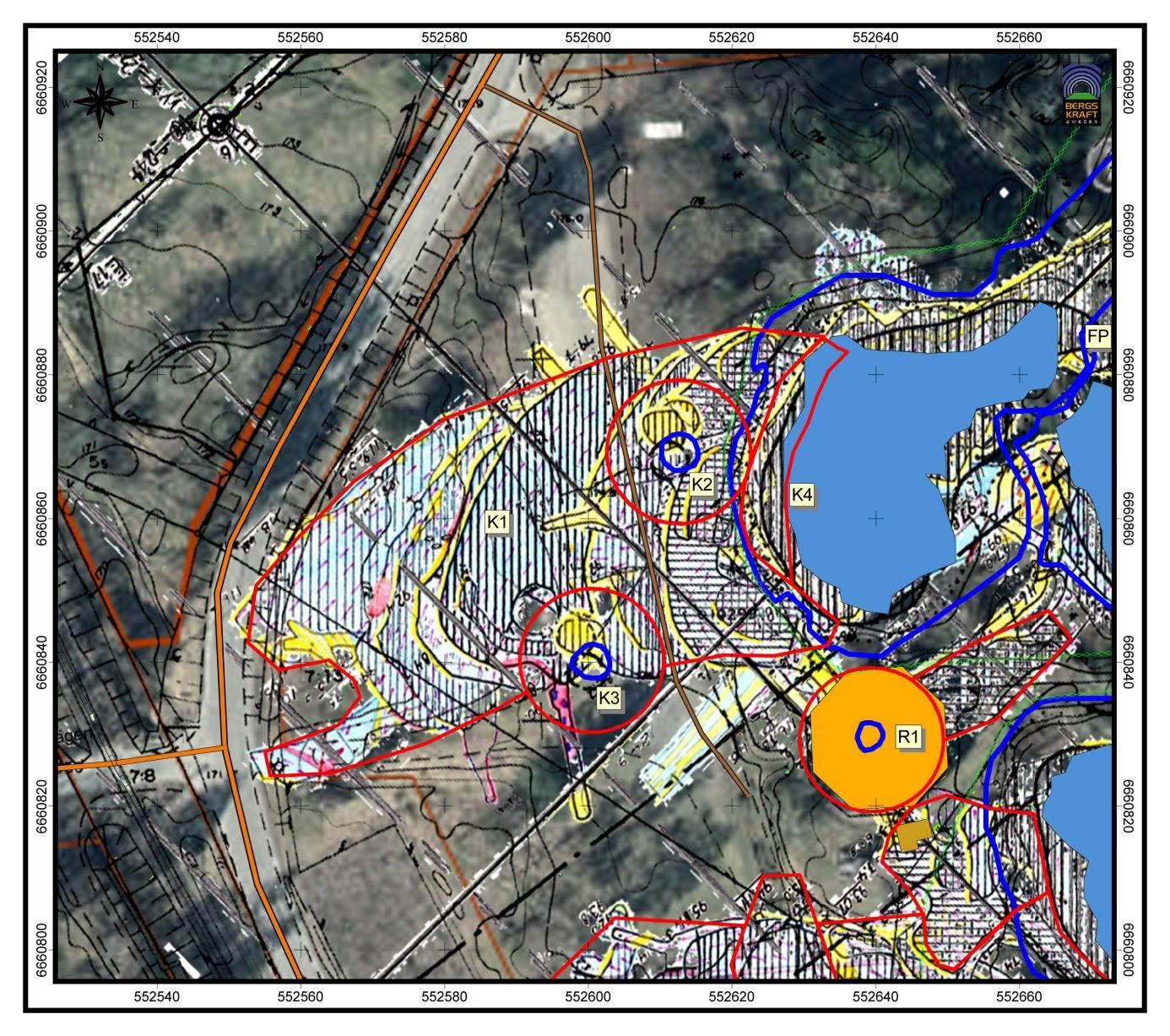 Figur 8. Kilgruvans dagbrott, underjordsinfrastruktur och inom röd ram; beskrivna objekt K1-K4. Kompositkarta av gruvkartan mot bakgrund av bearbetat flygfoto från Lantmäteriet via Fornsök.