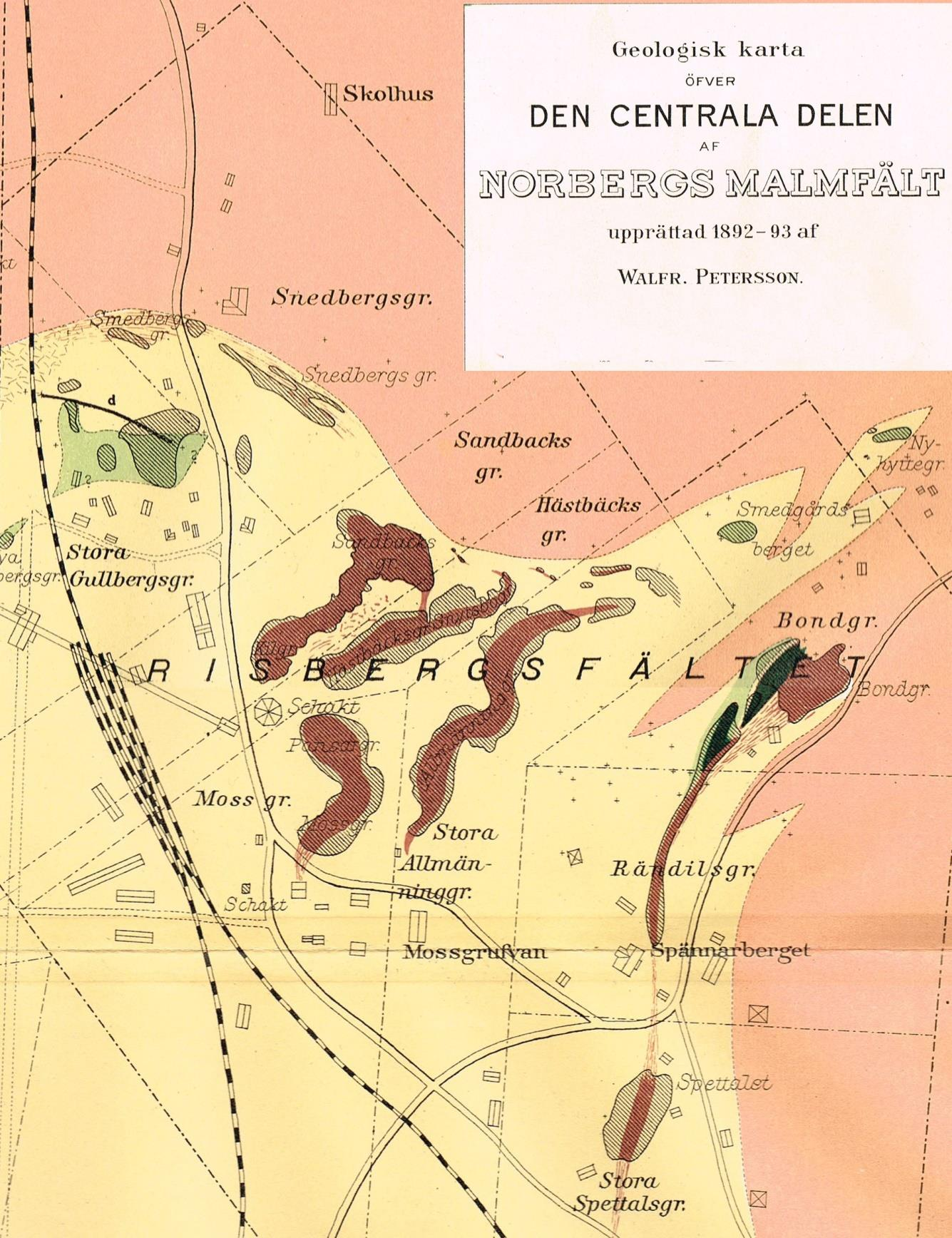 Figur 2. Utdrag ur Walfrid Petersons geologiska karta över Norberg.